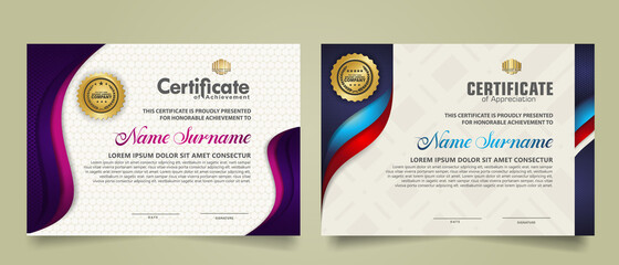 set horizontal certificate template with flow lines ornament and modern texture pattern background. Diploma. Vector illustration