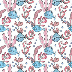 Cute hand drawn seamless pattern with fish and seaweed. Abstract lean fish. Underwater life texture. For baby fabric, wallpaper, wrappers