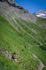 Fototapeta na wymiar vue spectaculaire avec des randonneurs sur un chemin à flan de coteau dans les alpes suisse. Verdure, rocher et monts enneigés en arrière-plan.