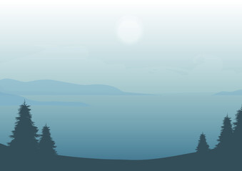 vector landscape of misty lake and mountain with evergreen pine trees on the shore. nature illustration.