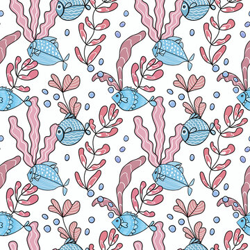 Cute hand drawn seamless pattern with fish and seaweed. Abstract lean fish. Underwater life texture. For baby fabric, wallpaper, wrappers