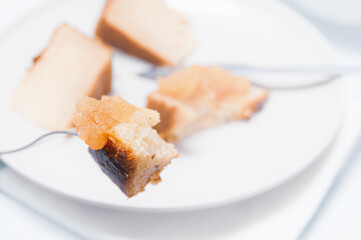 slice of pie with apple jam on a fork