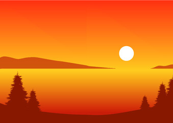 Sunset over the lake vector nature landscape, seascape, and coastline with pine trees illustration