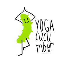 Hand drawn stock vector illustration, in doodle style. Cucumber In the morning, with a smile, practices Yoga.