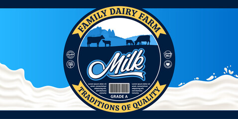 Vector milk round label with cows and calves. Milk splash vector illustration. Dairy product design concept ideal for packaging, branding or advertisment
