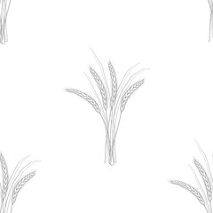 Vector seamless pattern of silhouette of ears of wheat on a white background.