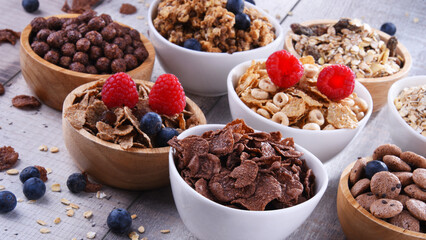Bowls with different sorts of breakfast cereal products
