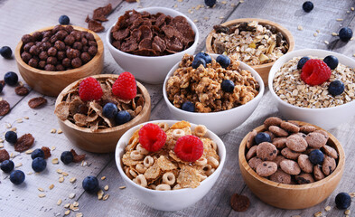 Bowls with different sorts of breakfast cereal products