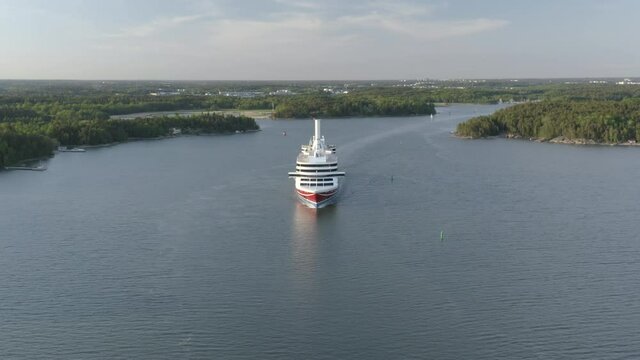 Drone aerial view of LNG powered ropax ferry ship with rotor sail 