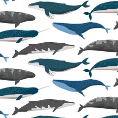 cute whales seamless pattern for children nursery room decor, textile and fabric. Vector seamlees pattern with whales
