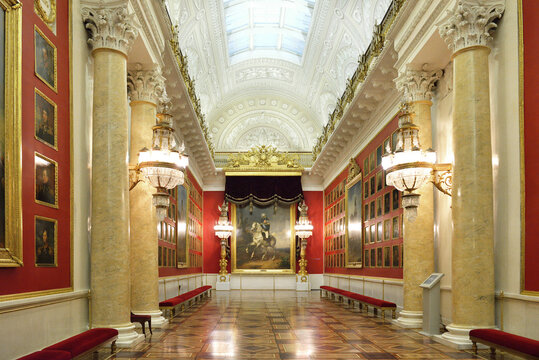 Beautiful Military Gallery, gallery of Winter Palace. Gallery is setting for 332 portraits of generals who took part in Patriotic War of 1812. Saint Petersburg, Russia