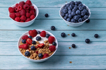 Muesli with greek yogurt on the table