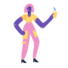 Girl drinking coffee. Concept coffee break, coffee shop and relaxation. Flat Cartoon Vector Illustration. Clip art