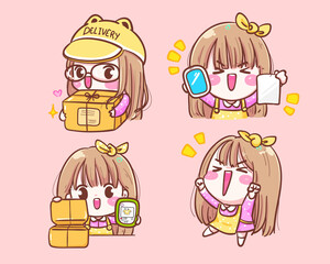 appy girl merchant cartoon cute with mobile box delivery Online shopping.icon logo  Premium Hand drawn vector illustration.
