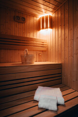 Private wooden sauna with folded towels, wooden bucket and a wooden spoon. 