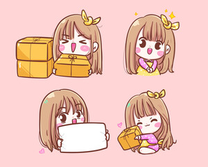 Happy girl merchant cartoon cute Smiling with box and sign Online shopping icon logo  Premium Hand drawn vector illustration.
