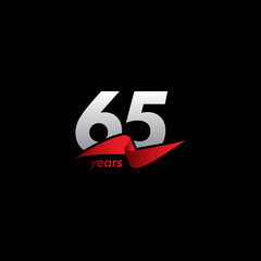 65 Years Anniversary Celebration White Black Red Ribbon Vector Template Design Illustration