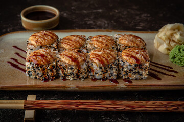Hot fried rolls. Sushi with fresh ingredients. Sushi menu. Japanese food. 