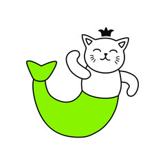Mermaid cat with a smile and a green tail.