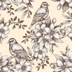 Graphic seamless pattern with birds and flowering branches. Hand drawing with ink and pen.