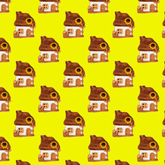 Pattern with a house. Toy house on a yellow background.