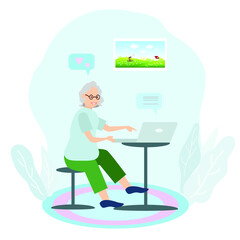 An elderly woman writes a letter on a laptop to her granddaughter. Vector illustration.