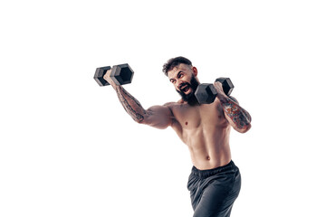 Fototapeta na wymiar Muscular bodybuilder guy doing exercises with dumbbell over white background.