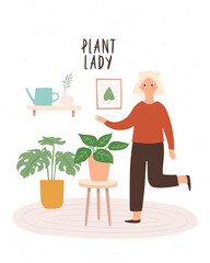 cute girl standing with differnt home plants. Cozy living place illustration. Vector girl with plants illustration in trandy flat style