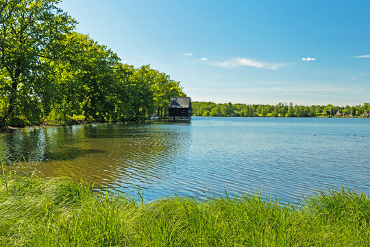 Plothen ponds landscape and hut in Thuringia