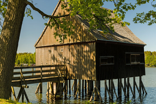 Plothen ponds landscape and hut in Thuringia