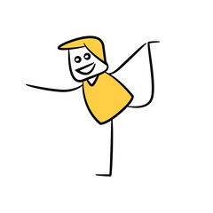 happy man doing yoga, yellow stick figure theme