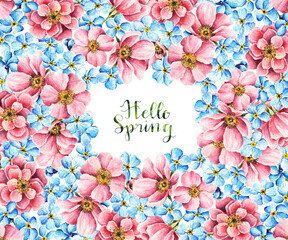 Myosotis. Rosehip flowers. Watercolor illustration, Hello Spring, buds, flowers, handmade, card for you