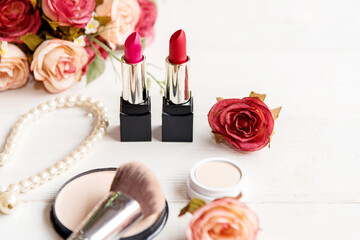 Obraz na płótnie Canvas Makeup beauty cosmetic fashion set background. Cosmetics woman bag product facial, lipstick and items decorative