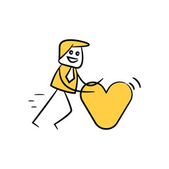 businessman pulling heart yellow stick figure design