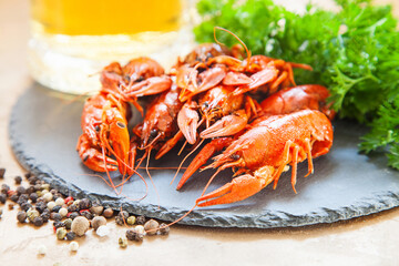 Boiled red crayfishes with a beer and green vegetableson a ceramic board. Close up. Selective focus.