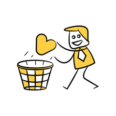 businessman throws heart to bin yellow stick figure design