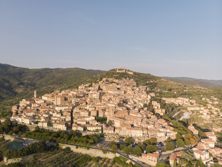 Fototapeta na wymiar Historic Tuscany town, beautiful old buildings, shot by a drone in Italy.