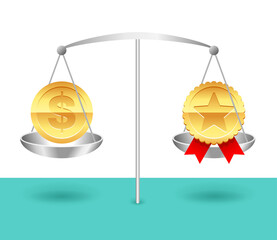 Value and Price balance - equality of product cost and quality - money coin and award icon weighing on scales - isolated vector business concept