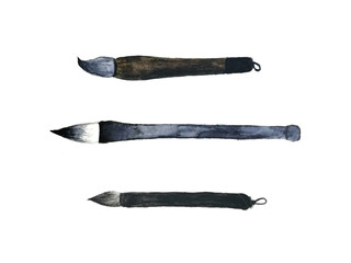 watercolor hand drawn calligraphy chinese brush set and abstract ink black.isolated on white background