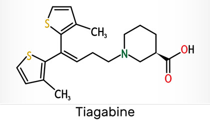 Obraz premium Tiagabine, C20H25NO2S2 molecule. It is anticonvulsant medication, is used in the treatment of epilepsy. Skeletal chemical formula
