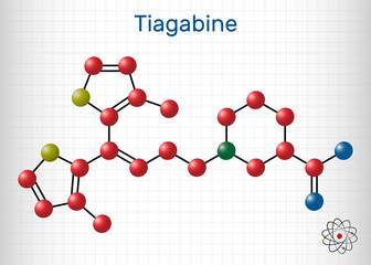 Tiagabine, C20H25NO2S2 molecule. It is anticonvulsant medication, is used in the treatment of epilepsy. Structural chemical formula and molecule model. Sheet of paper in a cage