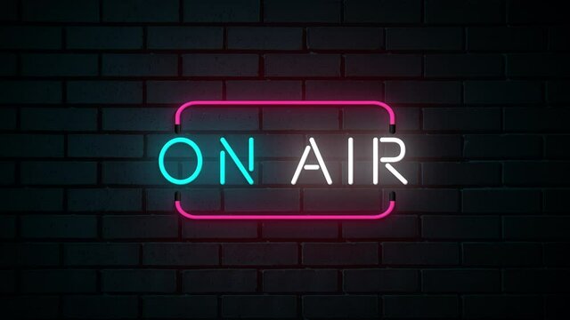 on air neon sign. Firing word on brick wall background.