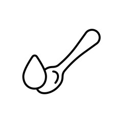 Teaspoon with drop. Dose of oil, syrup, medicine. Linear icon of pour liquid into measuring spoon. Black illustration of soup, mashed food, baby puree. Contour isolated vector emblem, white background