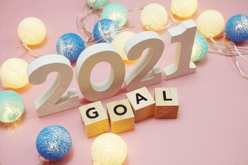 Goal 2021 word alphabet letters on pink background