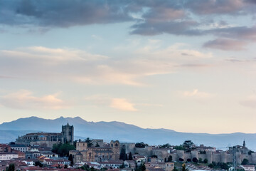 Panoramic of the city of Ávila at sunset with the Sierra de La Paramera in the background