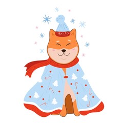 Cute shiba inu dog in winter coat with snowflakes. Cozy and warm pet illustration. Design for poster, sticker. Isolated on white background.
