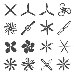 Propellers assortment black and white icons isolated set. Fans, blowers pictograms collection. - obrazy, fototapety, plakaty