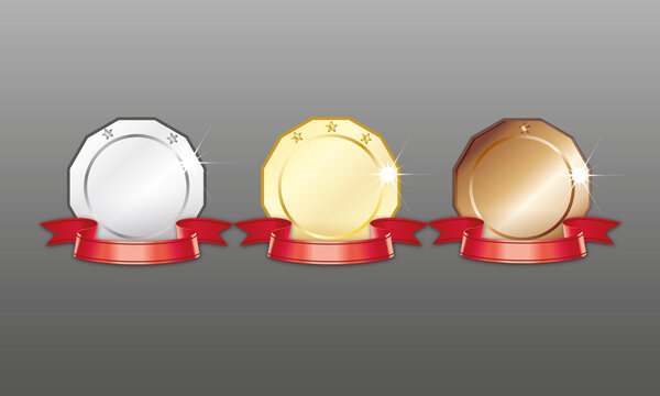 Gold, silver, bronze medals. Medals set isolated on grey with red ribbons and stars. Vector illustration
