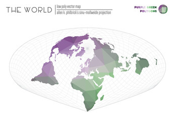 Polygonal world map. Allen K. Philbrick's Sinu-Mollweide projection of the world. Purple Green colored polygons. Elegant vector illustration.