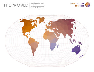 Abstract world map. Ginzburg V projection of the world. Purple Orange colored polygons. Awesome vector illustration.